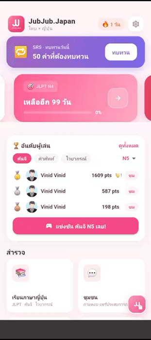 หน้าหลัก JubJub.Japan แสดง SRS, JLPT และอันดับผู้เล่น